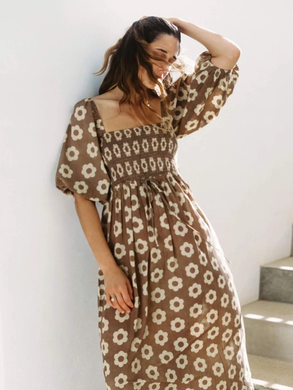 Christy Dawn Brown Floral Smocked Midi Dress
